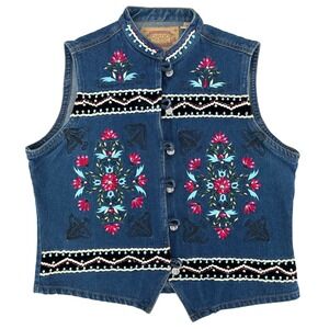 Embroidered Western Denim Vest Gordon James Womens XL Floral Boho Vintage